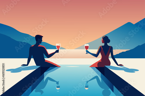 Couple enjoys a romantic sunset toast while relaxing in a swimming pool with a scenic mountain backdrop