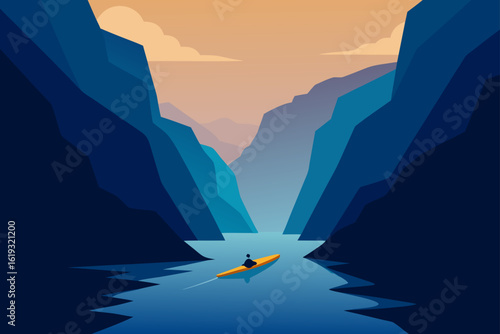Solitary kayaker navigates through majestic mountains under a cloudy sky