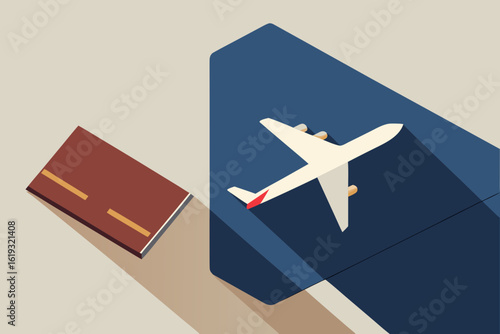 Flat design illustration of an airplane and boarding pass on a blue surface