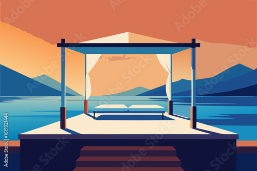 Serene dockside gazebo with daybed overlooking calm water at sunset