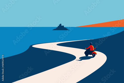 Riding a scooter along a coastal road next to the ocean under a clear blue sky