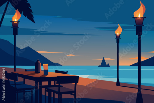 Romantic beachside dining at sunset with tiki torches and palm trees