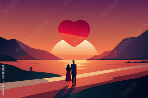 Couple silhouetted on a tropical beach watching a heart shaped sunset