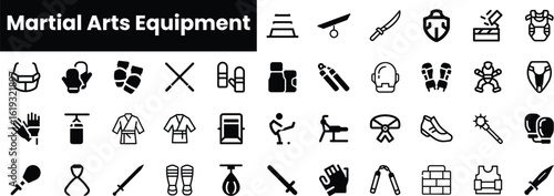A collection of martial arts equipment icons, including gloves, swords, and protective gear, representing various martial arts disciplines in clean, minimalist design.