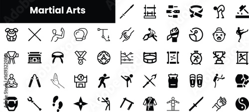 A collection of various martial arts icons representing skills, techniques, and training gear, showcased in a minimalist black and white design.