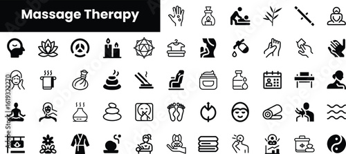 A collection of black and white icons depicting various aspects of massage therapy, including relaxation, oils, candles, and therapeutic techniques.