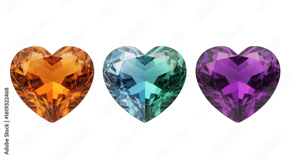 Fototapeta premium Heart shaped gemstones in different colors isolated on transparent background