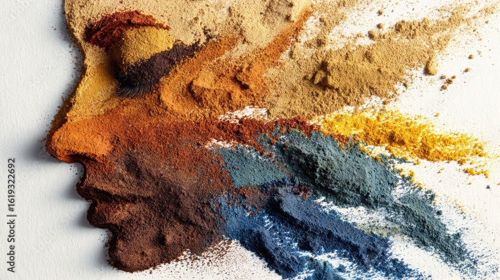 Fototapeta premium Spilled Pigments Creatively Form a Face Shape With Colorful Hues and Abstract Details in an Artistic Composition