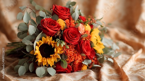 A warm combination of red roses, yellow sunflowers, and orange marigolds, complemented by green ivy and fresh eucalyptus.
