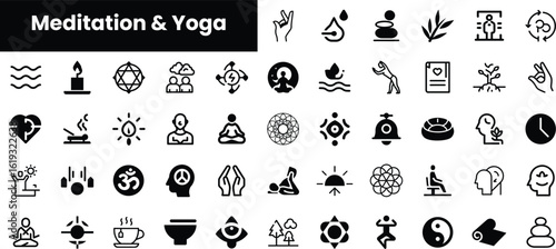 A diverse collection of black icons representing meditation and yoga practices, showcasing elements like poses, symbols of peace, and wellness themes.