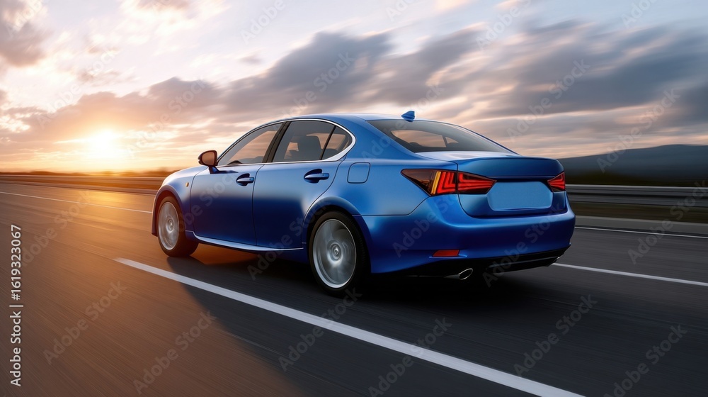 Dynamic drive of a blue sedan at sunset on open road automotive photography scenic landscape eye-level view travel concept Dynamic drive of a blue sedan at sunset on open road automotive photography scenic landscape eye-level view travel concept