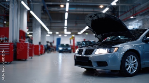 Car maintenance action auto repair shop image indoor garage environment close-up view vehicle care concept