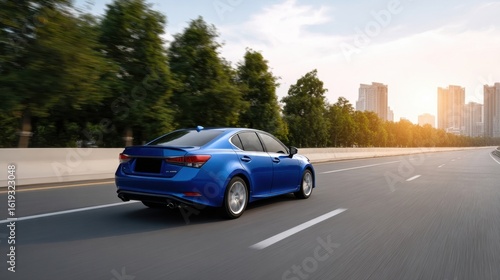 Dynamic car journey on urban road at sunset capturing motion and serenity aesthetic viewpoint