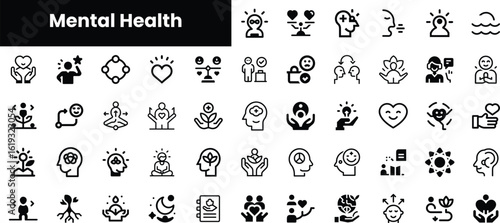 A collection of minimalist icons representing mental health, showcasing diverse concepts such as mindfulness, therapy, support, and self-care.