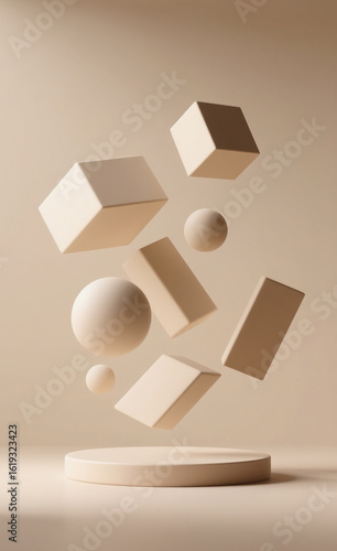 Minimalist composition of floating beige geometric shapes over a podium. Abstract concept of balance and structure.