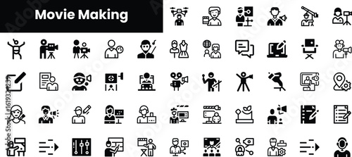 A collection of black and white movie-making icons, showcasing various aspects of film production, including directing, camera work, and editing, ideal for creative projects.