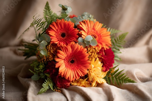 A warm, inviting bouquet of orange gerbera daisies, red dahlias, and yellow marigolds, highlighted with fresh green ferns and eucalyptus.