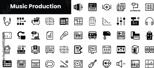 A collection of minimalist black icons depicting various elements of music production, including instruments, audio equipment, and sound controls.