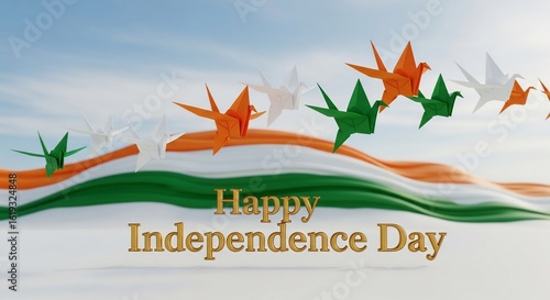Happy Independence Day with Origami Cranes and Flag