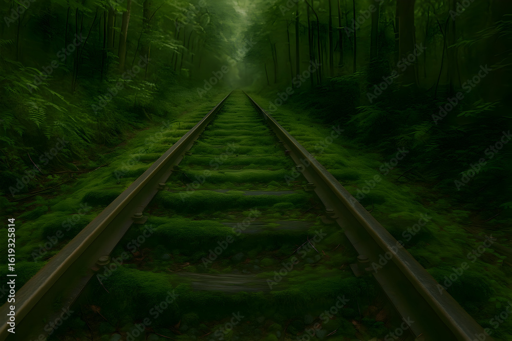 Fototapeta premium Abiding railway in mossy forest