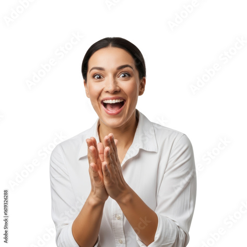 A happy woman with a big smile and wide eyes is clapping her hands enthusiastically. She looks excited and surprised, perfect for concepts of success, applause, or celebration.