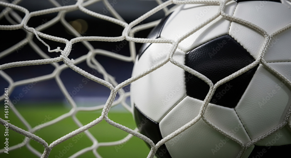 Naklejka premium Goal celebration with soccer ball nestled in net evokes winning excitement and sportsmanship