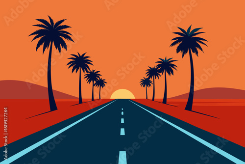 A scenic road lined with palm trees leads towards a vibrant sunset over a desert landscape