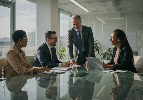 Diverse group of business professionals engaged in a friendly meeting in a modern office, with a senior leader smiling as he leans over the glass table during discussion.