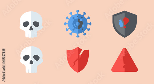 Graphic illustration showing two skulls, a virus, a shield with blood, a broken shield, and a red triangle, symbolizing danger, vulnerability, and protection.