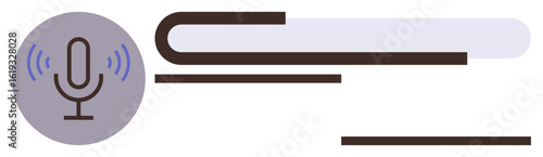 Microphone emitting waves enclosed in a circular backdrop beside book-thumbs up shapes. Ideal for podcasting, audio learning, storytelling, broadcasting, education, audiobook production, sound