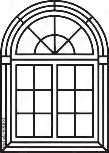 Arched window with multiple panes and decorative frame architectural interior