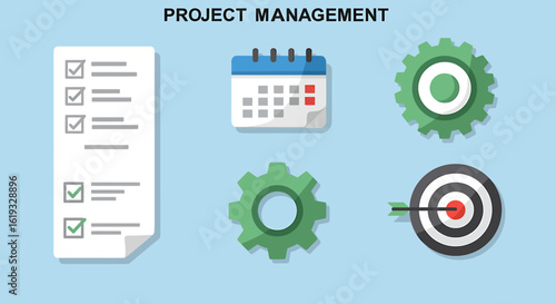Project management concept illustration featuring a checklist, calendar, gears, and a target with an arrow, set against a light blue background.