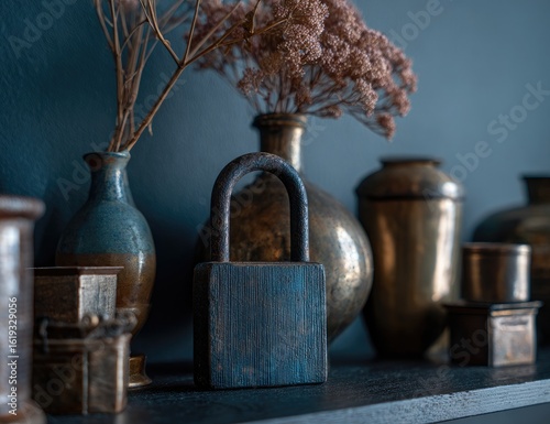Aged metal & pottery decorative objects on dark shelf