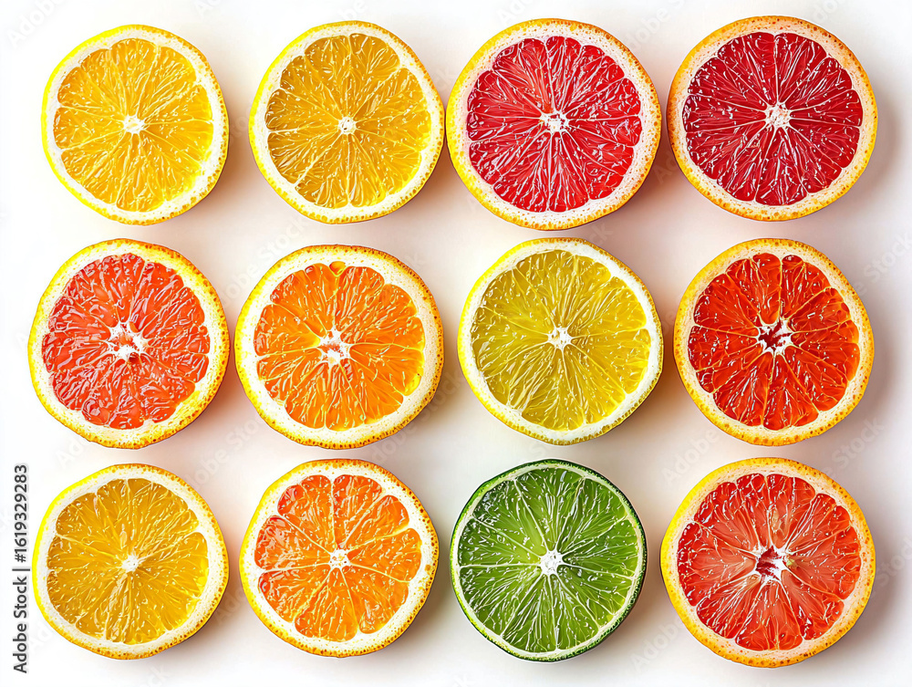 Fototapeta premium Vibrant Citrus Fruit Slices Displayed on White Surface for Freshness