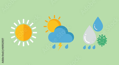 Simple weather icons illustrating sunny, partly cloudy with rain and thunderstorm, and rainy with snow conditions.