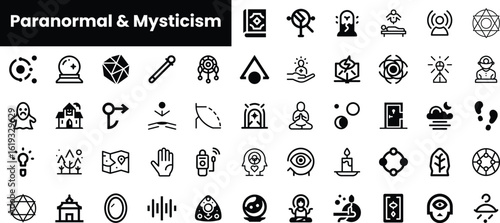 A collection of 50 minimalist icons representing themes of the paranormal and mysticism, featuring symbols like crystals, spirits, and meditation tools in a sleek black and white design.