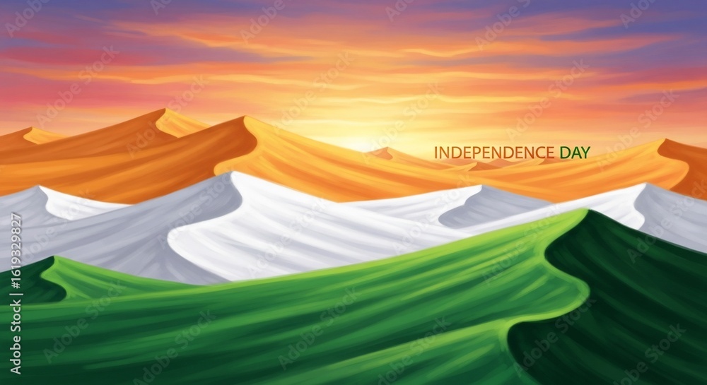 Obraz premium Indian Independence Day illustration with desert dunes in saffron, white, and green.