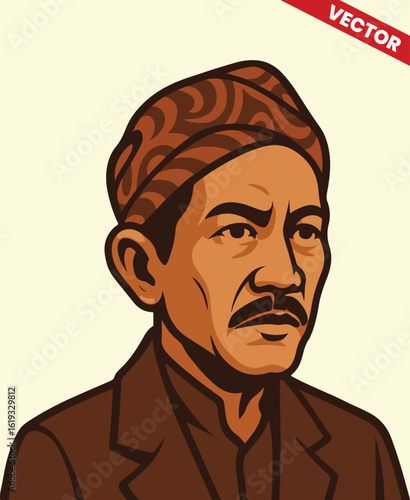 Vector illustration of Ki Hajar Dewantara, Indonesian national hero in traditional attire and blangkon, known as pioneer of education, depicted in flat cartoon style with bold lines