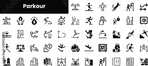 A creative collection of parkour icons showcasing various movements and techniques in black and white, perfect for fitness enthusiasts and graphic designers.