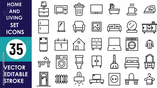 Vector icon set of 35 home and living essentials, including furniture, kitchen appliances, cleaning tools, bathroom items, decor, wardrobe, and utility symbols