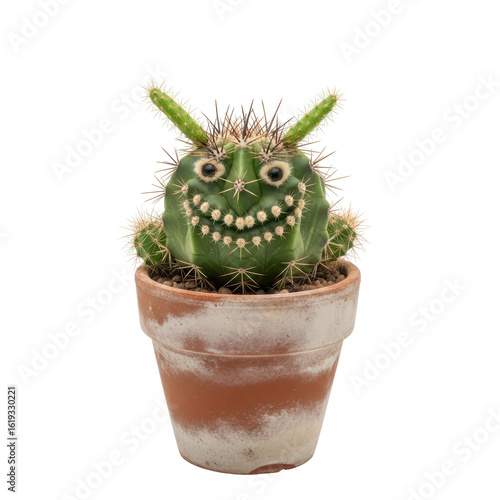 A whimsical green cactus in a terracotta pot featuring a smiling face made from spines, googly eyes, and two horn like growths, creating a playful character.