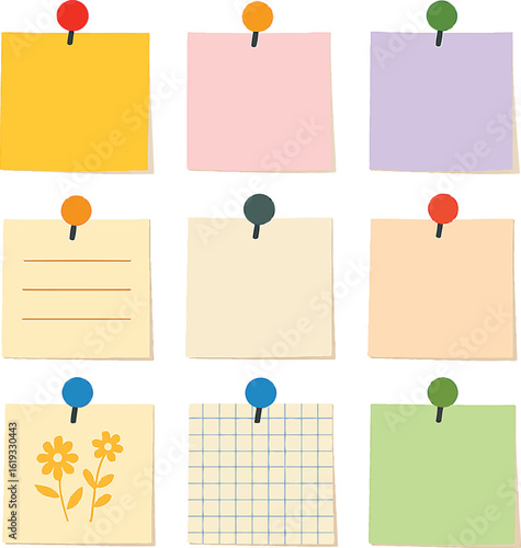 Set of blank note papers pinned with colorful sticky notes and thumbtacks for office reminders and messages