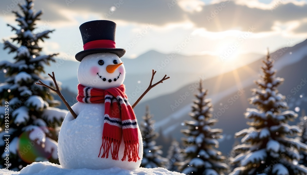 Naklejka premium Joyful Winter Scene with Cheerful Snowman