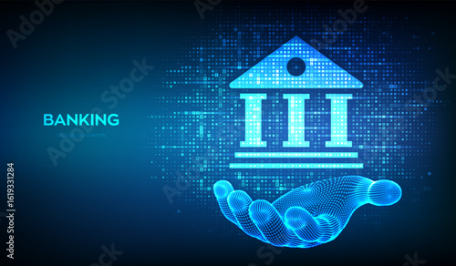 Banking service background. Bank icon made with currency symbols in wireframe hand. Dollar, euro, yen, pound icons. Background with currency signs. Bank financing, money exchange. Vector illustration