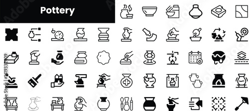 A detailed compilation of pottery-related icons showcasing various forms and tools. Perfect for artisans and creators in the ceramic field.