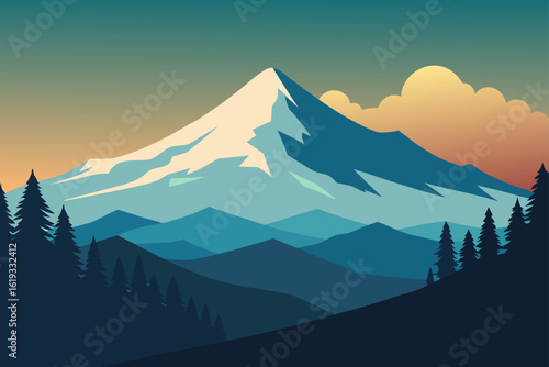 Majestic snow capped mountain peak under a colorful sunset sky with silhouetted pine trees