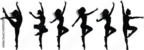 Cad drawing flat vector illustration, ballet dancer silhouettes in graceful poses, black art style, movement and elegance, dance performance concept