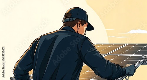 Man in work clothes installs solar panels on a roof, securing the renewable energy system.