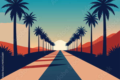 Stylized palm tree lined road leading towards a setting sun