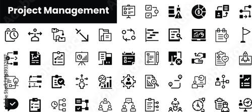 A collection of black and white icons representing project management concepts, including charts, calendars, and collaboration elements that convey organization and efficiency.